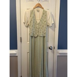 Vintage Bentley Green Gingham Midi Vest Dress USA Size 10 Boho Cottagecore